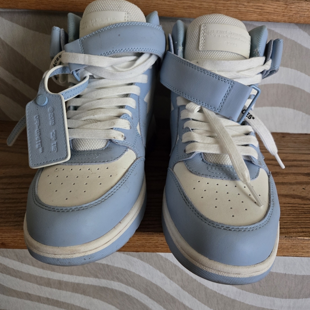 Off-White brand, light blue and white, hightop sneakers, size 41 EU, US 8